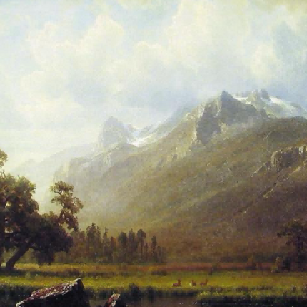 "Albert Bierstadt's 'Alpine Serenity' - Hand-Painted Mountain Landscape Oil Painting Reproduction"