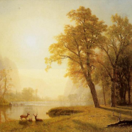 "Albert Bierstadt's 'Golden Forest Serenity' - Hand-Painted Landscape Oil Painting Reproduction with Deer"