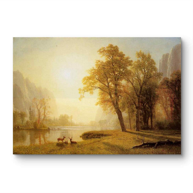 "Albert Bierstadt's 'Golden Forest Serenity' - Hand-Painted Landscape Oil Painting Reproduction with Deer"