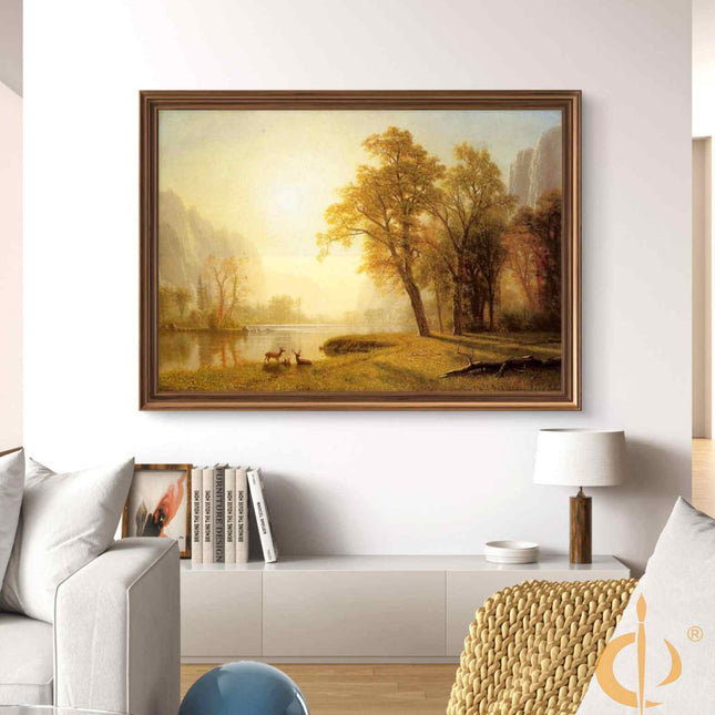 "Albert Bierstadt's 'Golden Forest Serenity' - Hand-Painted Landscape Oil Painting Reproduction with Deer"