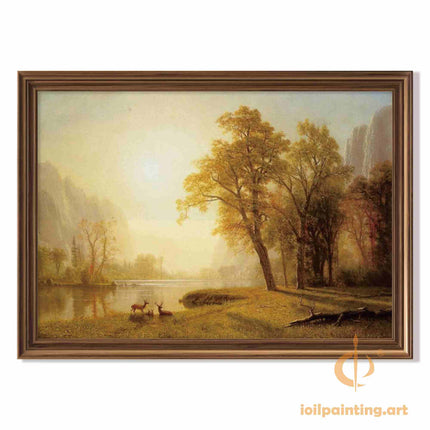 "Albert Bierstadt's 'Golden Forest Serenity' - Hand-Painted Landscape Oil Painting Reproduction with Deer"