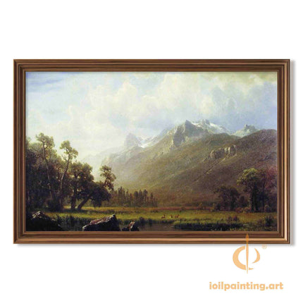"Albert Bierstadt's 'Alpine Serenity' - Hand-Painted Mountain Landscape Oil Painting Reproduction"