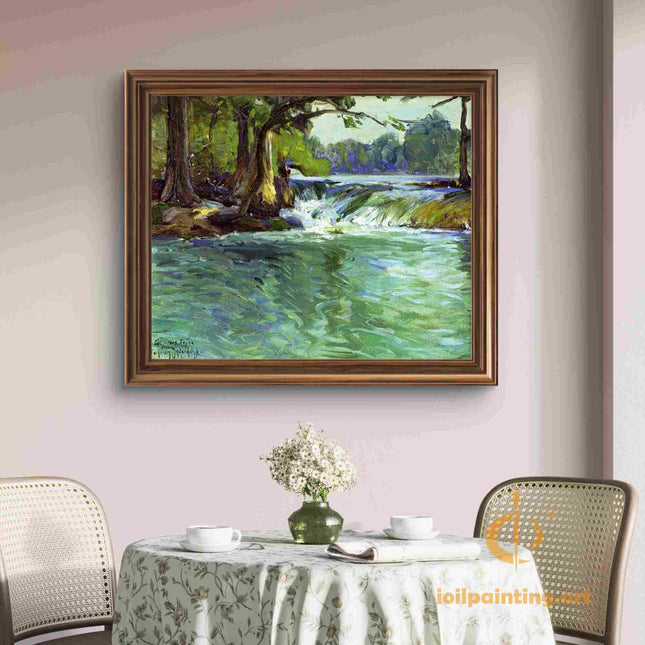 "Julian Onderdonk's 'Serene Forest Waterfall' Oil Painting Reproduction - Lush Landscape with Crystal Waters"