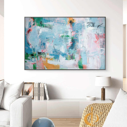 "Contemporary Abstract Oil Painting - Vibrant Blue & Green Color Flow with Pink Accents | Handmade Textured Canvas Art"