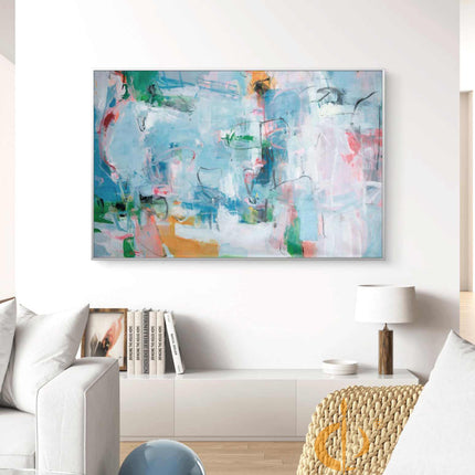 "Contemporary Abstract Oil Painting - Vibrant Blue & Green Color Flow with Pink Accents | Handmade Textured Canvas Art"