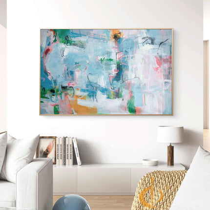 "Contemporary Abstract Oil Painting - Vibrant Blue & Green Color Flow with Pink Accents | Handmade Textured Canvas Art"