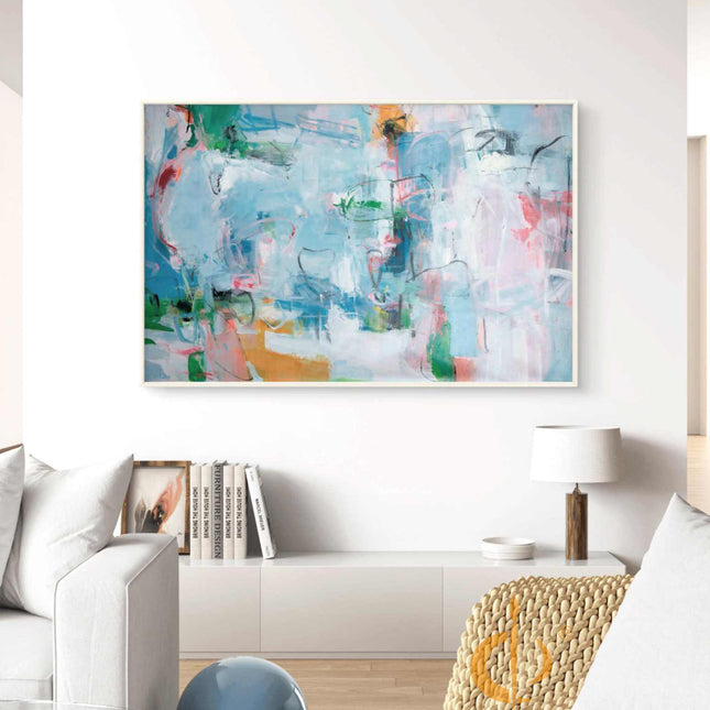 "Contemporary Abstract Oil Painting - Vibrant Blue & Green Color Flow with Pink Accents | Handmade Textured Canvas Art"