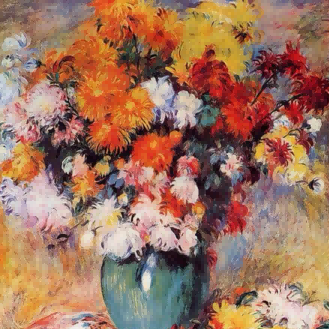 "Pierre-Auguste Renoir's 'Chrysanthemums in Blue Vase' - Hand-Painted Impressionist Floral Oil Painting Reproduction"