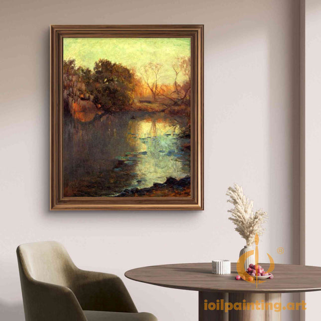 "Julian Onderdonk's 'Tranquil Riverside at Sunset' Oil Painting Reproduction - Serene Water Reflection Landscape"