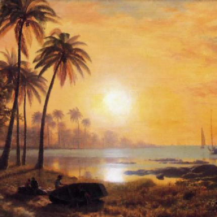 "Albert Bierstadt's 'Tropical Sunset Serenity' - Hand-Painted Seascape Oil Painting Reproduction"