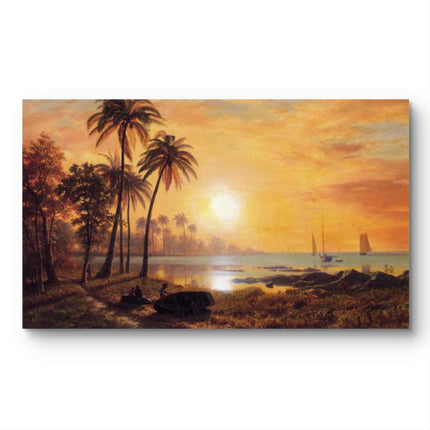 "Albert Bierstadt's 'Tropical Sunset Serenity' - Hand-Painted Seascape Oil Painting Reproduction"
