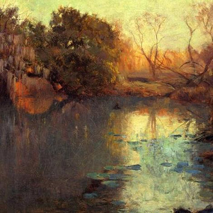 "Julian Onderdonk's 'Tranquil Riverside at Sunset' Oil Painting Reproduction - Serene Water Reflection Landscape"