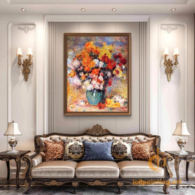 "Pierre-Auguste Renoir's 'Chrysanthemums in Blue Vase' - Hand-Painted Impressionist Floral Oil Painting Reproduction"