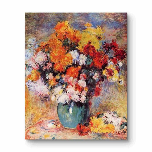 "Pierre-Auguste Renoir's 'Chrysanthemums in Blue Vase' - Hand-Painted Impressionist Floral Oil Painting Reproduction"
