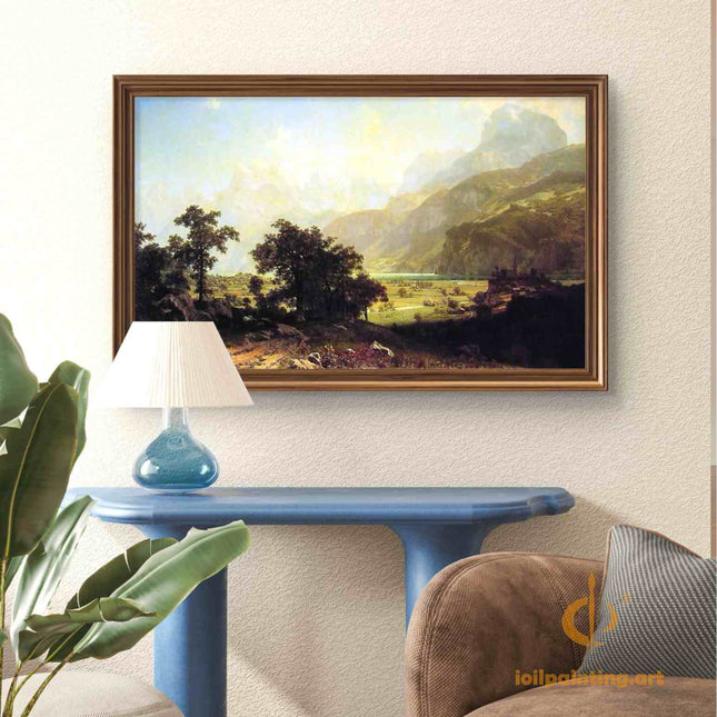 "Albert BIerstadt's 'English Countryside Serenity' - Hand-Painted Landscape Oil Painting Reproduction"