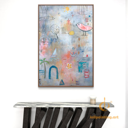 "Whimsical Coastal Abstract Oil Painting - Nautical Theme with Sailboat & Bird | Handmade Beach House Wall Art"