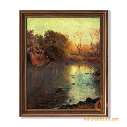 "Julian Onderdonk's 'Tranquil Riverside at Sunset' Oil Painting Reproduction - Serene Water Reflection Landscape"