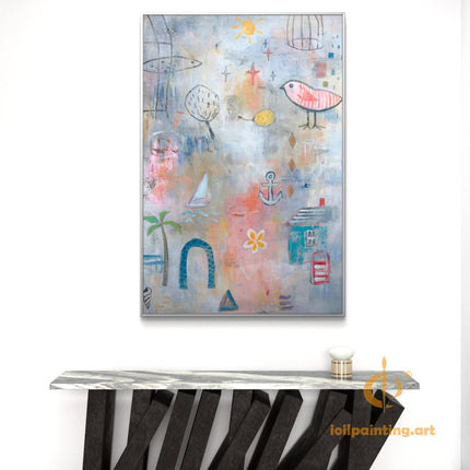 "Whimsical Coastal Abstract Oil Painting - Nautical Theme with Sailboat & Bird | Handmade Beach House Wall Art"