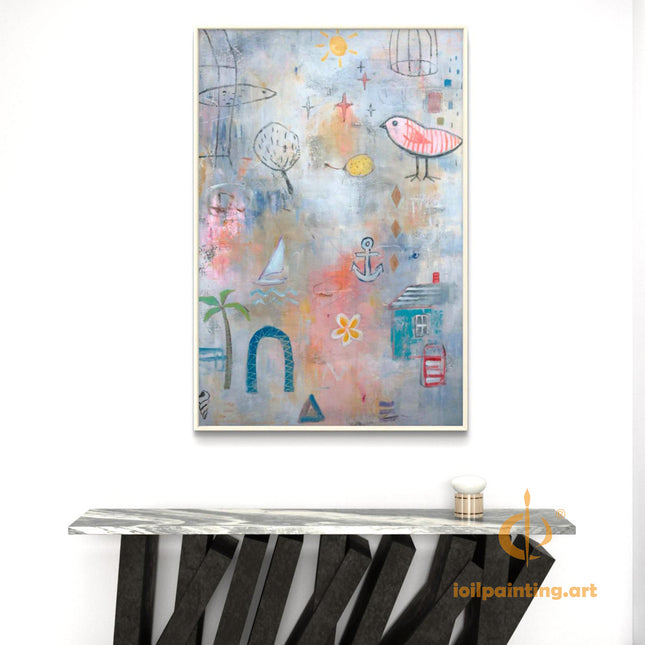 "Whimsical Coastal Abstract Oil Painting - Nautical Theme with Sailboat & Bird | Handmade Beach House Wall Art"