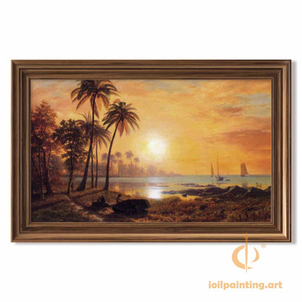 "Albert Bierstadt's 'Tropical Sunset Serenity' - Hand-Painted Seascape Oil Painting Reproduction"