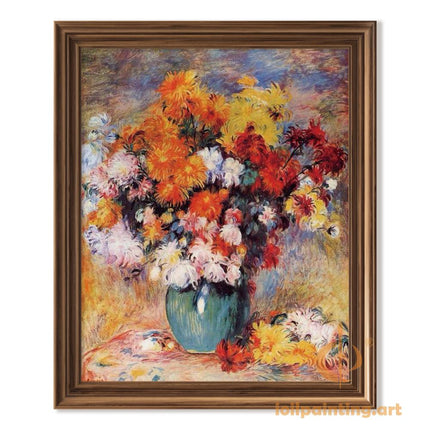 "Pierre-Auguste Renoir's 'Chrysanthemums in Blue Vase' - Hand-Painted Impressionist Floral Oil Painting Reproduction"