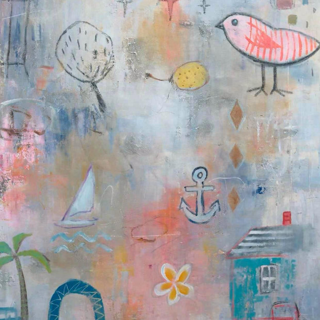 "Whimsical Coastal Abstract Oil Painting - Nautical Theme with Sailboat & Bird | Handmade Beach House Wall Art"