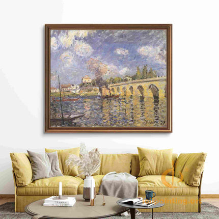 "Alfred Sisley's 'Stone Bridge Serenity' - Hand-Painted Impressionist Oil Painting Reproduction"