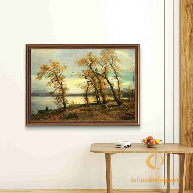 "Albert BIerstadt's 'Golden Autumn Lakeside' - Hand-Painted Landscape Oil Painting Reproduction"