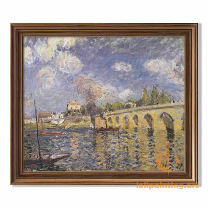 "Alfred Sisley's 'Stone Bridge Serenity' - Hand-Painted Impressionist Oil Painting Reproduction"