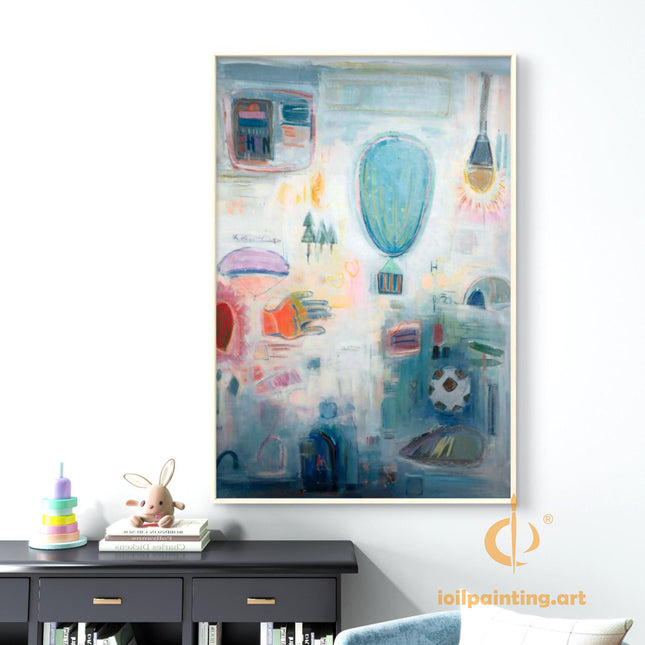 "Abstract Oil Painting - Dreamy Colorful Artwork with Hot Air Balloon & Playful Elements for Home Decor"