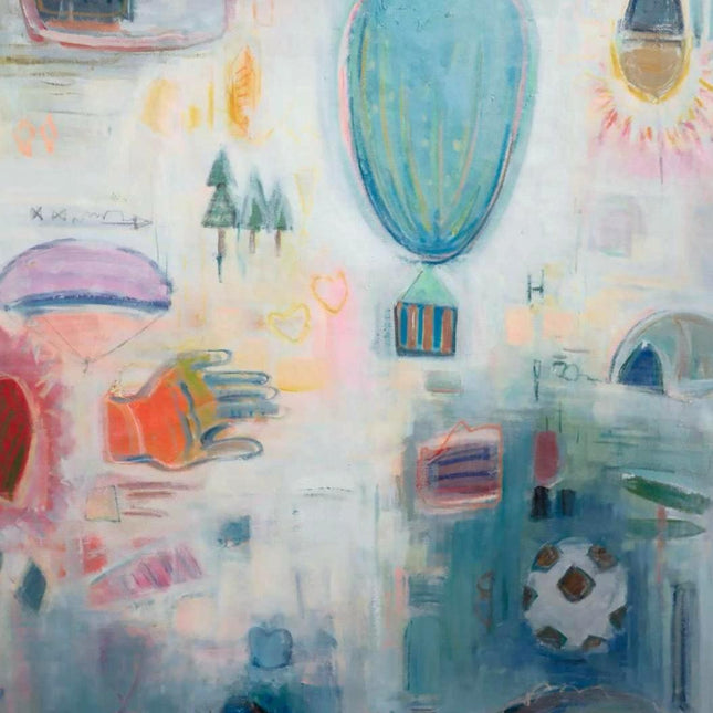 "Abstract Oil Painting - Dreamy Colorful Artwork with Hot Air Balloon & Playful Elements for Home Decor"