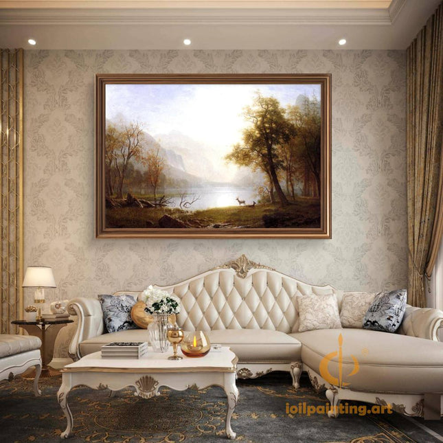 "Albert BIerstadt's 'Deer by the Lakeside' - Hand-Painted Landscape Oil Painting Reproduction"