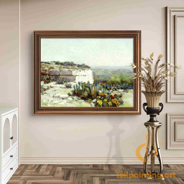 "Julian Onderdonk's 'Desert Bloom: Prickly Pear Cactus in Texas Spring' - Premium Hand-Painted Oil Reproduction on Canvas"