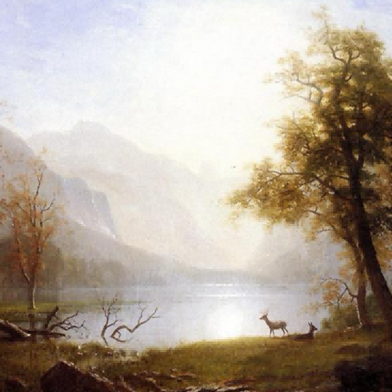 "Albert BIerstadt's 'Deer by the Lakeside' - Hand-Painted Landscape Oil Painting Reproduction"