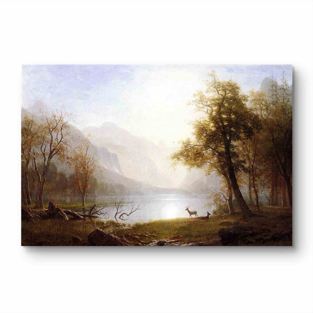 "Albert BIerstadt's 'Deer by the Lakeside' - Hand-Painted Landscape Oil Painting Reproduction"