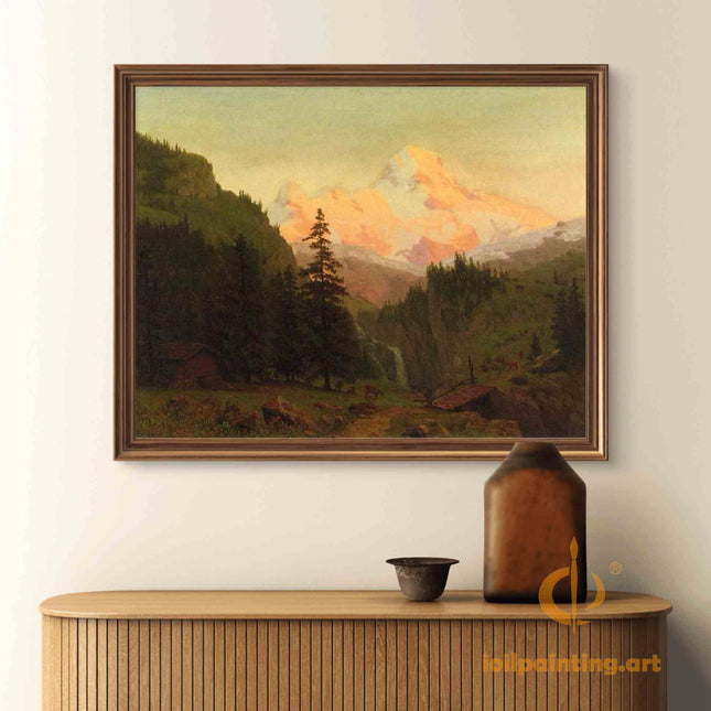 "Albert Bierstadt's 'Sunset Over Mountain Valley' - Hand-Painted Landscape Oil Painting Reproduction"