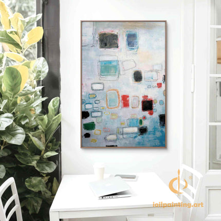 "Modern Geometric Abstract Oil Painting - Soft Blue & Earth Tone Contemporary Wall Art for Home & Office Decor"