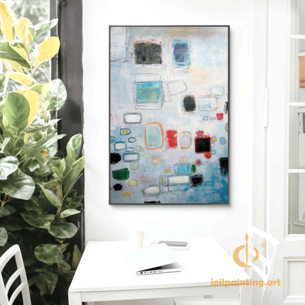 "Modern Geometric Abstract Oil Painting - Soft Blue & Earth Tone Contemporary Wall Art for Home & Office Decor"