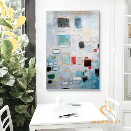 "Modern Geometric Abstract Oil Painting - Soft Blue & Earth Tone Contemporary Wall Art for Home & Office Decor"
