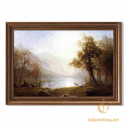 "Albert BIerstadt's 'Deer by the Lakeside' - Hand-Painted Landscape Oil Painting Reproduction"