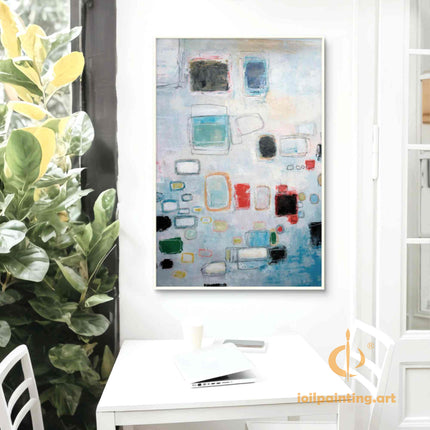 "Modern Geometric Abstract Oil Painting - Soft Blue & Earth Tone Contemporary Wall Art for Home & Office Decor"