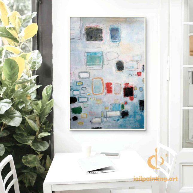"Modern Geometric Abstract Oil Painting - Soft Blue & Earth Tone Contemporary Wall Art for Home & Office Decor"