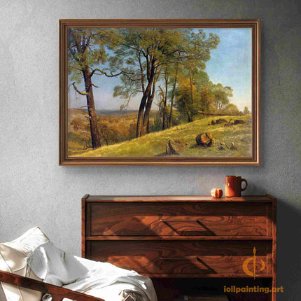 "Albert BIerstadt's 'Serene Countryside Glow' - Hand-Painted Landscape Oil Painting Reproduction"