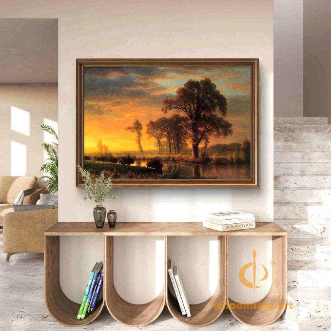 "Albert Bierstadt's 'Evening Pastoral' - Hand-Painted Landscape Oil Painting Reproduction"