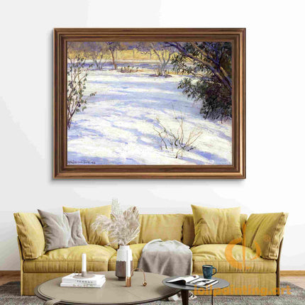 "Julian Onderdonk's 'Winter Serenity: Snow-Covered Landscape with Evergreen Branches' Oil Painting Reproduction on Canvas"