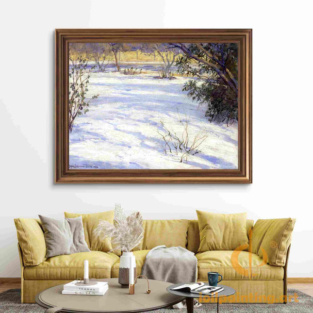 "Julian Onderdonk's 'Winter Serenity: Snow-Covered Landscape with Evergreen Branches' Oil Painting Reproduction on Canvas"