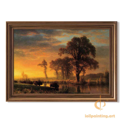 "Albert Bierstadt's 'Evening Pastoral' - Hand-Painted Landscape Oil Painting Reproduction"