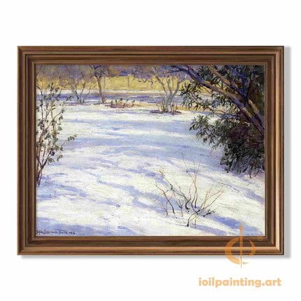 "Julian Onderdonk's 'Winter Serenity: Snow-Covered Landscape with Evergreen Branches' Oil Painting Reproduction on Canvas"