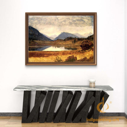 "Albert Bierstadt's 'Mountain Lake Serenity' - Hand-Painted Landscape Oil Painting Reproduction"