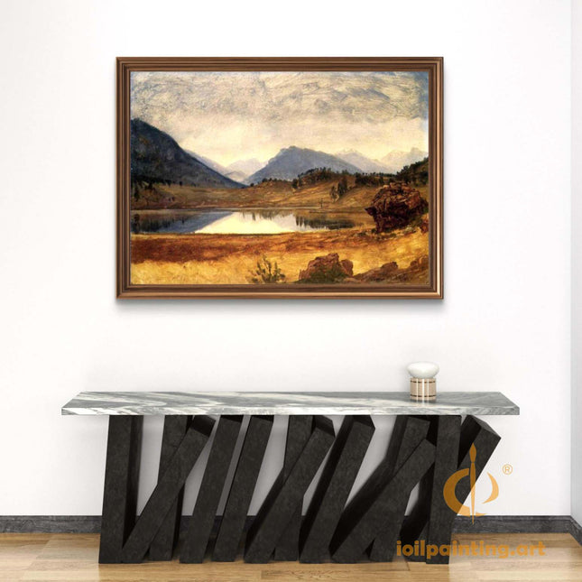 "Albert Bierstadt's 'Mountain Lake Serenity' - Hand-Painted Landscape Oil Painting Reproduction"